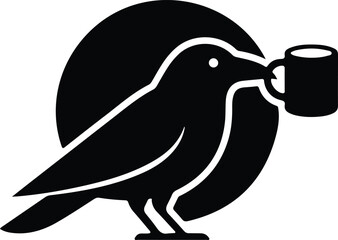 Fototapeta premium Black silhouette bird drinking from a cup isolated on transparent background creative illustration