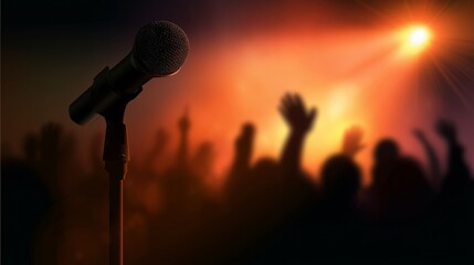 Obraz premium A microphone with blurred people silhouettes stand with raised hands, orange spotlight on the stage, concert atmosphere, dramatic lighting, silhouettes, music event poster design, entertainment