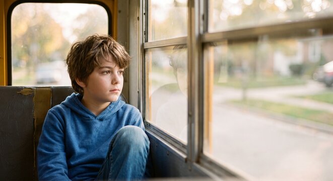 A thoughtful schoolboy looking through the window of a yellow school bus on his way to school.