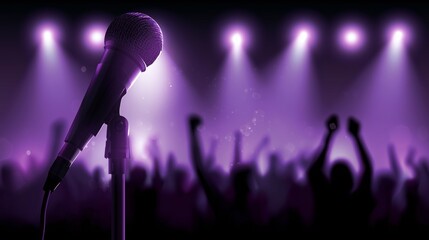 Obraz premium A microphone with blurred people silhouettes stand with raised hands, orange spotlight on the stage, concert atmosphere, dramatic lighting, silhouettes, music event poster design, entertainment