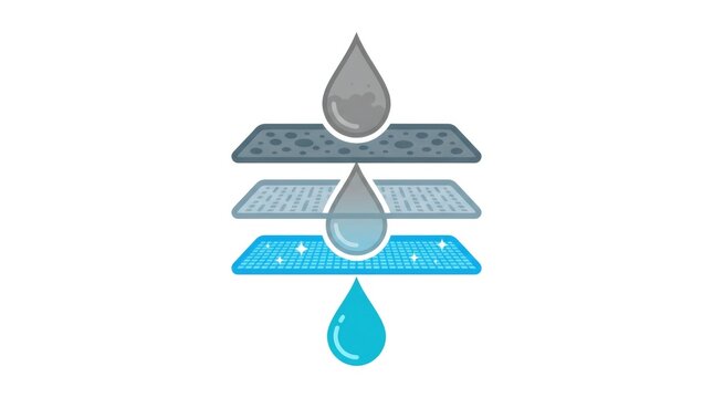 Water filtration process diagram with drop passing through layered mesh. Concept of purification, clean liquid, ecology and environmental protection. Symbol for industry technology.