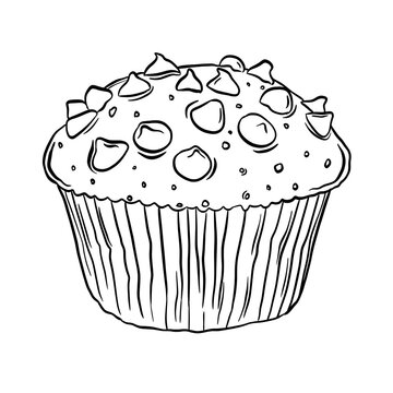 Black and white line art illustration of a chocolate chip muffin with a transparent background, hand drawn outline sketch for bakery or dessert designs.