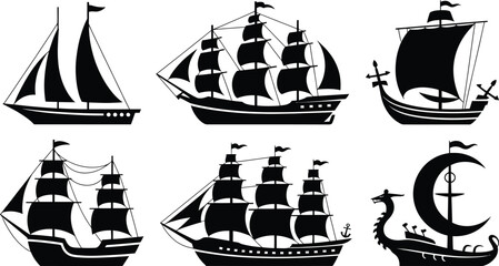 Sailing ship silhouette set nautical vector icon © Ahamedpicu