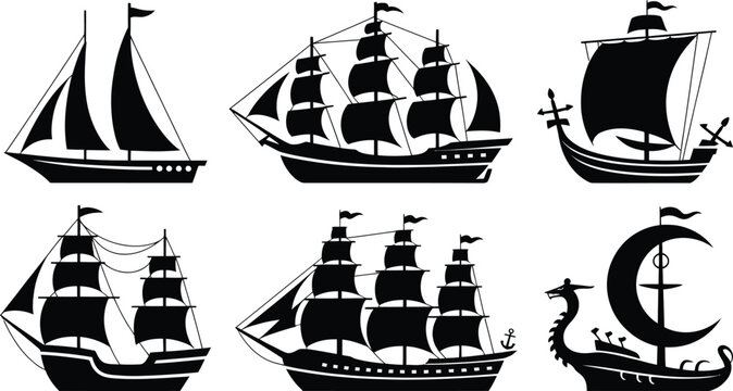 Sailing ship silhouette set nautical vector icon