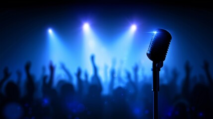 Obraz premium A microphone with blurred people silhouettes stand with raised hands, orange spotlight on the stage, concert atmosphere, dramatic lighting, silhouettes, music event poster design, entertainment