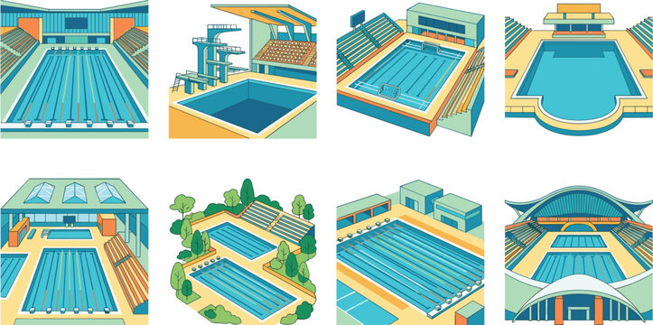 Isometric vector illustration set of professional swimming pool stadiums and aquatic sports arenas with grandstands and diving boards