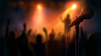 Obraz premium A microphone with blurred people silhouettes stand with raised hands, orange spotlight on the stage, concert atmosphere, dramatic lighting, silhouettes, music event poster design, entertainment