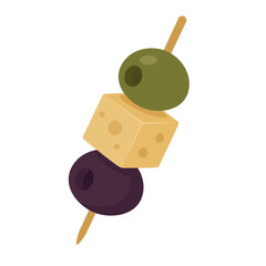 Flat vector illustration of cheese and olives appetizer skewer, isolated on white background.