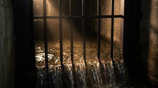 Water flowing through iron grate in dark underground storm drain. Light beam illuminating flowing stream inside sewer tunnel. Infrastructure, drainage system and environmental concept.