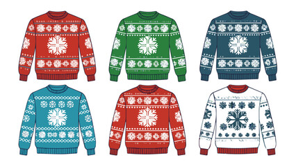 Fototapeta premium Festive Christmas Sweaters with Snowflake and Reindeer Patterns.