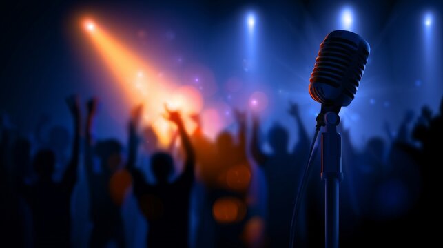 A microphone with blurred people silhouettes stand with raised hands, orange spotlight on the stage, concert atmosphere, dramatic lighting, silhouettes, music event poster design, entertainment
