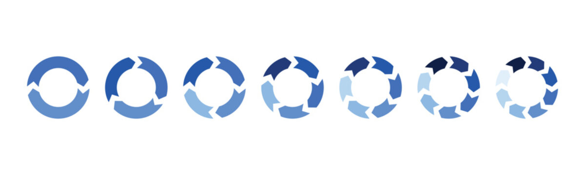 Circular arrow process diagram set with two to eight steps blue infographic elements for business workflow