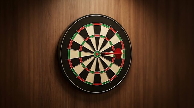 A dartboard mounted on a dark wooden wall with a single red dart hitting the center bullseye for precision and business target success