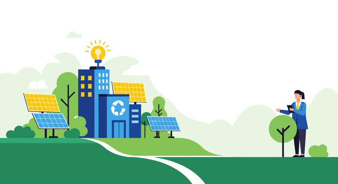 170 Eco friendly building, sustainable architecture, green energy, solar panels, vector illustration 45