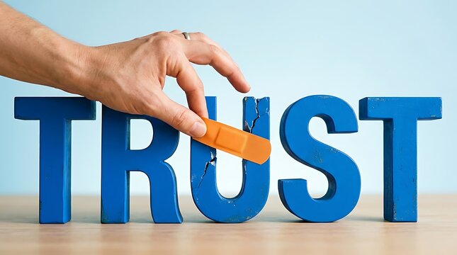 A human hand applying an orange adhesive bandage to a blue wooden word block that says trust which is cracked in the middle for relationship
