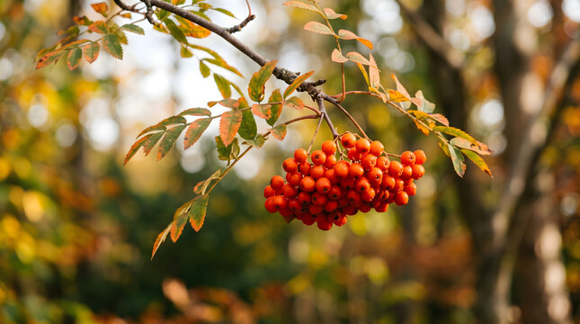 Vibrant rowan berries and autumn leaves on a tree branch