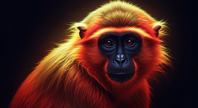 Vibrant orange monkey face with glowing fur details.