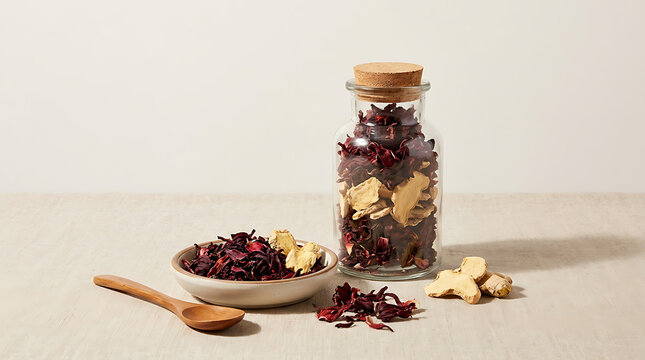 Dried hibiscus petals and ginger root pieces in a glass jar and bowl