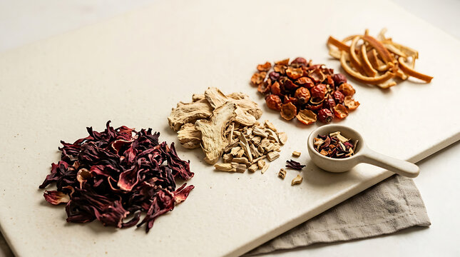 Dried hibiscus petals, ginger root, rosehips, and orange peel on a board
