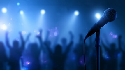 Obraz premium A microphone with blurred people silhouettes stand with raised hands, orange spotlight on the stage, concert atmosphere, dramatic lighting, silhouettes, music event poster design, entertainment