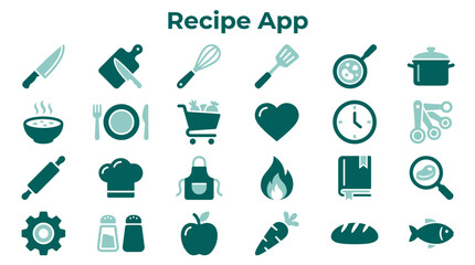 Fototapeta premium Culinary App Icons Collection Featuring Cooking Utensils Ingredients and Food Preparation Symbols for Recipe and Gastronomy Platforms