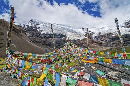 Praying flags on the Karo-La Pass along the Friendship Highway, Tibet, Asia