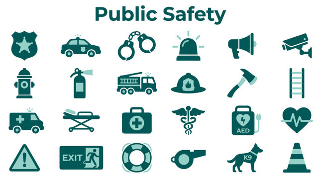 Public safety icons collection representing emergency services, law enforcement, and first responders with clear symbols for police, fire, ambulance, and rescue operations