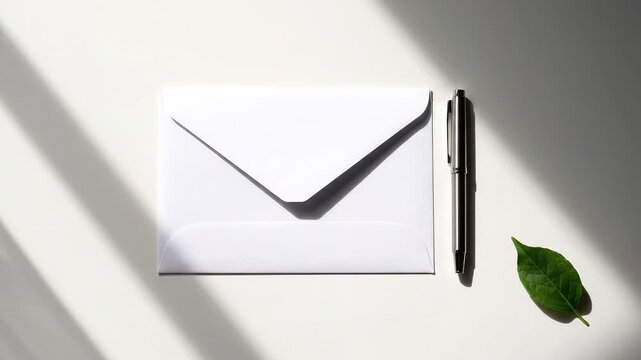 Minimalist White Envelope and Pen with Leaf on Plain Background Representing Corporate Restructuring and Job Cuts