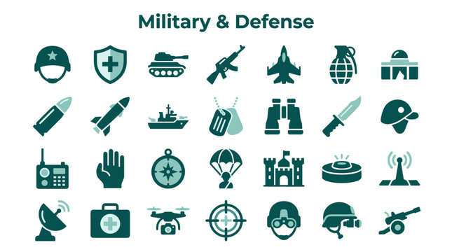 Collection of military and defense icons representing combat, security, and technology in a modern warfare concept