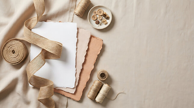 Jute ribbon, deckle edge paper, and sewing buttons on beige linen fabric