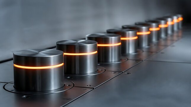 Row of Illuminated Industrial Control Knobs on a Metallic Surface.