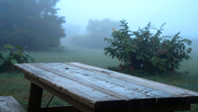 Rustikaler Holztisch bei Morgennebel im Garten