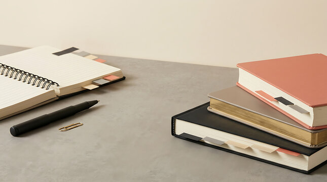 Open spiral notebook, stack of journals, and black pen on a gray desk