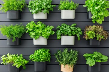 Fototapeta premium A vibrant display of fresh herbs in modern pots on a stylish wall, perfect for enhancing any culinary space.