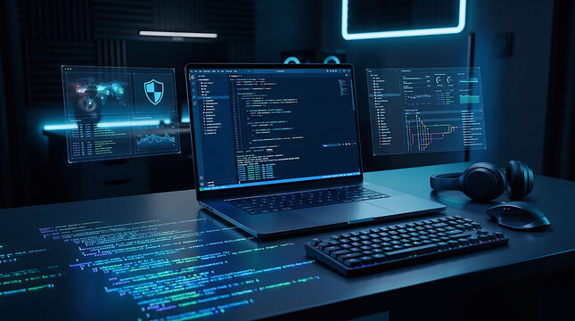 Programming on Dual Monitors at Dark Modern Workstation with Blue Light