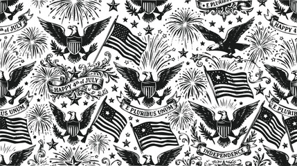 American eagle and flag motifs in a celebratory engraving pattern with fireworks during Independence Day