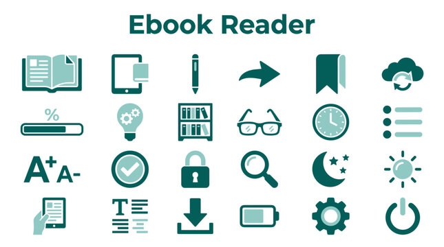 Ebook Reader Icon Set Representing Digital Reading Features And Electronic Book Technology Concepts
