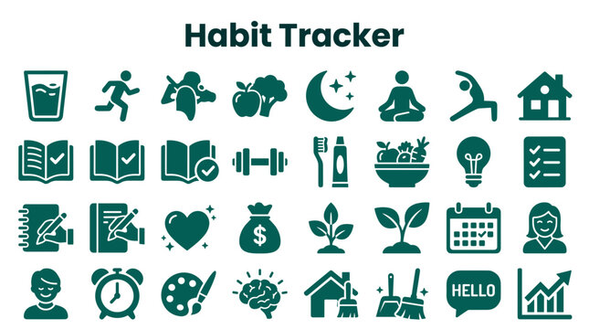 Healthy lifestyle habit tracker icons collection for personal growth and goal setting on a teal background