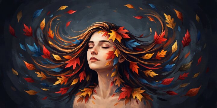 Woman with autumn leaves in her hair serene expression swirling colorful foliage
