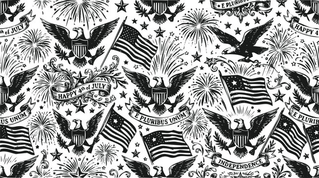 American eagle and flag motifs in a celebratory engraving pattern with fireworks during Independence Day