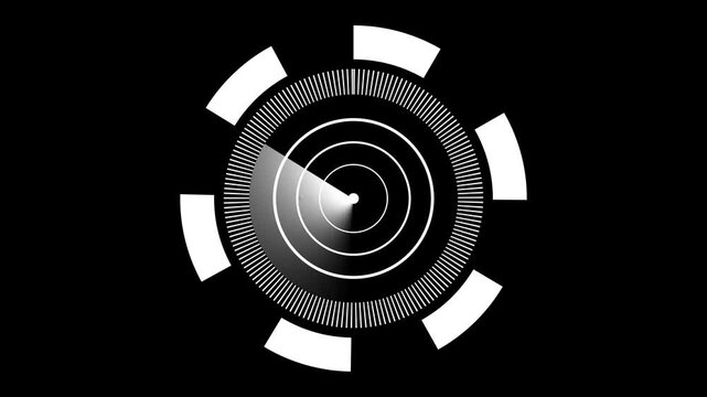 White digital radar screen HUD interface scanning isolated on black background, perfect for technology, navigation, and target detection concept.