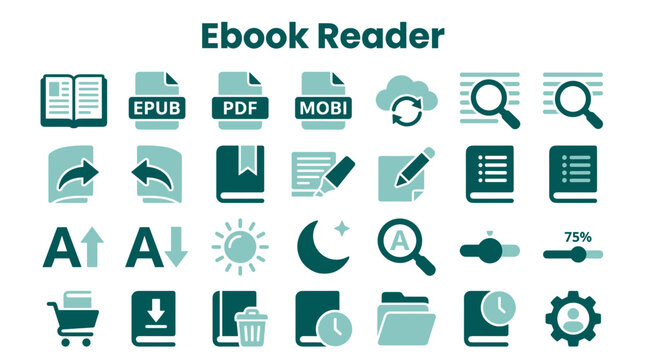 Ebook reader interface icons collection for digital library application design and mobile app development on a clean background