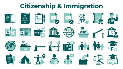 Fototapeta premium Citizenship and Immigration Icons Representing Legal Process Passport Visa Fingerprint Family Travel and Education Concepts