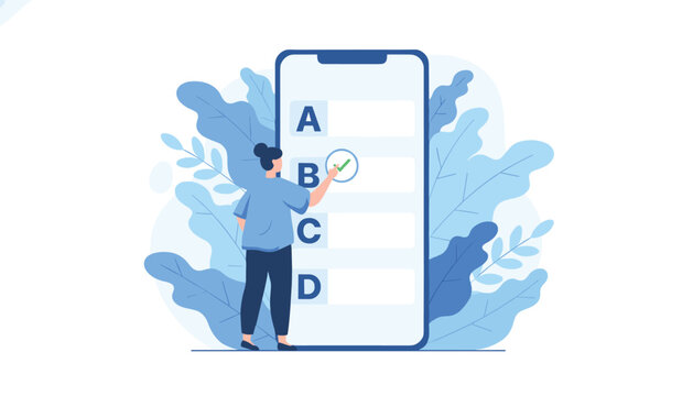 Woman interacting with smartphone interface to select multiple choice options for an educational quiz or survey in a creative flat design.