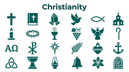 Naklejka premium Christianity symbols collection with cross bible dove fish angel church and other religious icons representing faith worship and spirituality