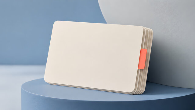 Stack of blank off-white cards with orange tab on blue pedestal