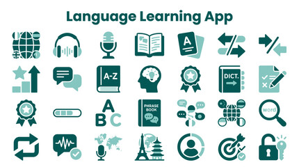 Digital language learning app interface icons and elements for education and communication on a white background © Iconique Studio