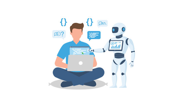 Programmer sitting cross-legged while coding on a laptop with the assistance of a friendly artificial intelligence robot helper.