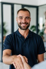 Fototapeta premium Young man smiling and shaking hands in contemporary office setting for partner introduction and corporate meeting background
