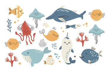 Cute marine animal set in doodle style. Ocean creatures narwal, little whale, jellyfish and other tropical underwater animals and plants. Coral and sea fish pattern or background for kids wallpaper. © ZhumaStudio